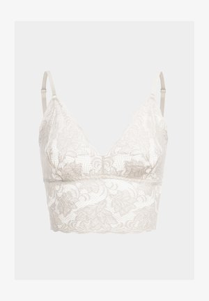 Lace bralette in off-white featuring floral pattern, V-neck design, adjustable straps, and a scalloped hem for added detail.