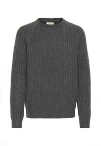 Mørkegrå genser laget av ribbestrikket stoff, med rund hals og lange ermer. Ingen synlige mønstre eller tilbehør.