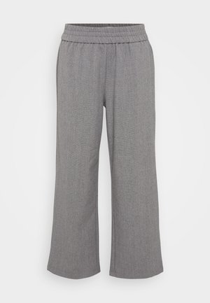 Gray, wide-leg trousers made from a textured fabric with an elastic waistband. Features a subtle pattern without pockets or closures.