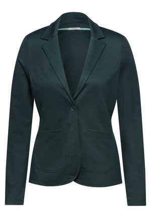 Blazer verde scuro realizzato in tessuto testurizzato, con colletto a rotondo, chiusura a un bottone e due tasche frontali.