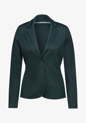 Blazer verde oscuro hecho de tejido texturizado, con solapa muestrada, cierre de un botón y dos bolsillos frontales.