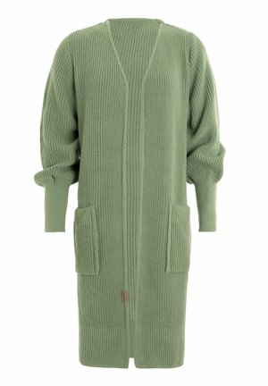 Lange salie groene gebreide cardigan met ribbelstructuur, V-hals, lange mouwen, voorzakken en een losse pasvorm.