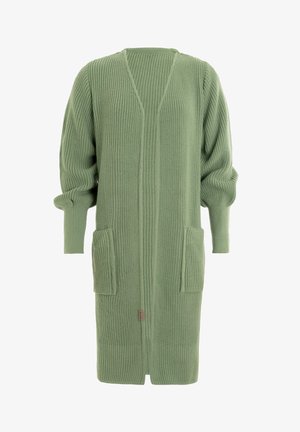 Lange salie groene gebreide cardigan met ribbelstructuur, V-hals, lange mouwen, voorzakken en een losse pasvorm.