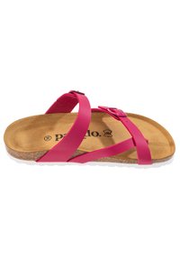 Pink cross-strap sandal with a cork footbed and white rubber sole. Features a buckle detail and soft, curved straps for comfort.