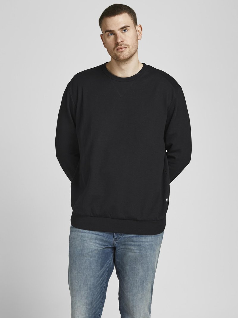 Black sweatshirt featuring long sleeves and a ribbed hem. Worn with light blue jeans, showcasing a relaxed fit and minimal design.