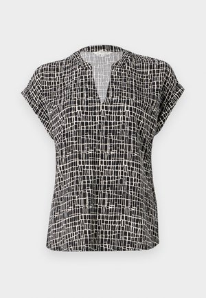 Korte mouw blouse in zwart met een ruitpatroon. Beschikt over een V-hals en een ontspannen pasvorm. Gemaakt van lichtgewicht stof met een gladde textuur.