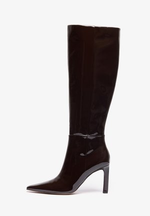 Knee-high black patent leather boots with a pointed toe and stiletto heel, featuring a smooth, glossy texture and a streamlined design.