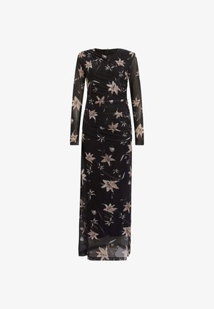 Pitkä musta mekko pitkämuotoisilla läpinäkyvillä hihoilla, rypytetty muotoilu, jossa on beigejä kukkakuvoita, sivuaukko ja pyöreä kaula-aukko.