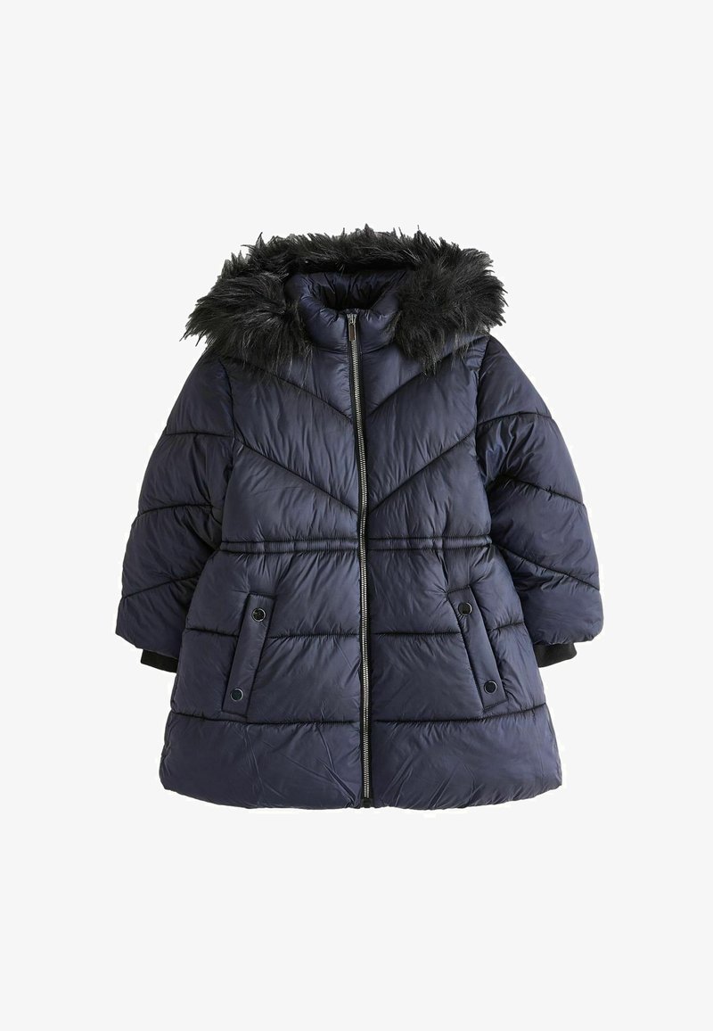 Cappotto imbottito blu navy con cappuccio in finta pelliccia, chiusura con zip e motivo a rombi diagonali. Dotato di due tasche laterali e polsi elasticizzati.