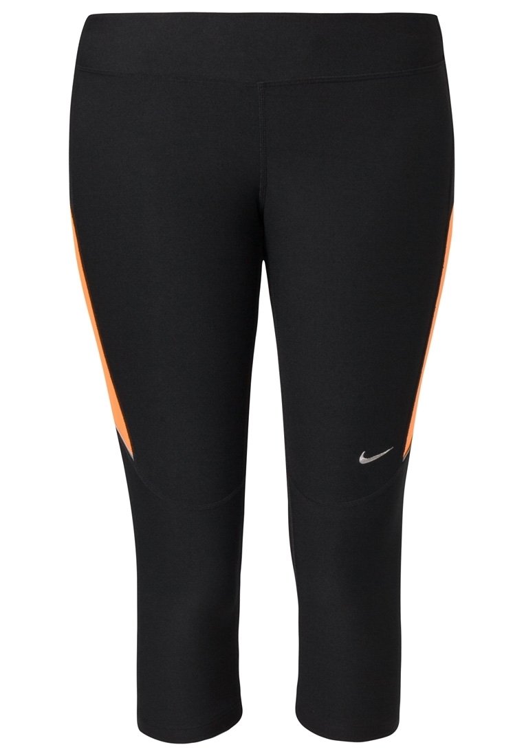 Leggings capri neri con pannelli laterali arancioni. Realizzati in tessuto elasticizzato, presentano una superficie liscia e un piccolo logo argento sulla parte anteriore.