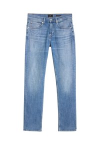 Jasnoniebieskie jeansy o prostych nogawkach, z pięcioma kieszeniami, klasycznym zapięciem na guzik i zamek oraz delikatnym spraniem nadającym im lekko zużyty wygląd.