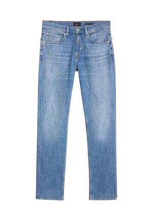 Lichtblauwe jeans met rechte pijpen, voorzien van vijf zakken, een klassieke knoop- en ritssluiting, en subtiele verouderingsdetails voor een gedragen uitstraling.