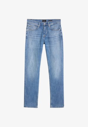 Lichtblauwe jeans met rechte pijpen, voorzien van vijf zakken, een klassieke knoop- en ritssluiting, en subtiele verouderingsdetails voor een gedragen uitstraling.