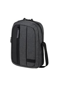 Borsa a tracolla grigia in tessuto con un design piatto, dotata di un pannello nero liscio e una tasca frontale con zip. Inclusa una tracolla regolabile.