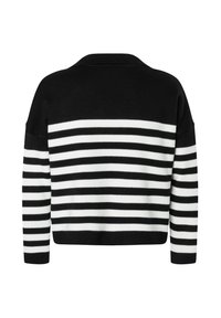 Zwart-wit gestreepte trui met een geribbelde textuur, voorzien van een kraag en lange mouwen, korte lengte en brede strepen.