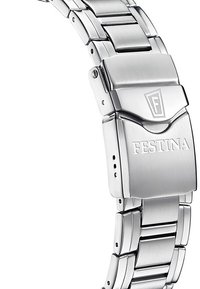 Cinturino in acciaio inossidabile argentato con sezioni lucide e spazzolate, caratterizzato da una chiusura incisa con "FESTINA". Maglie lisce e flessibili.