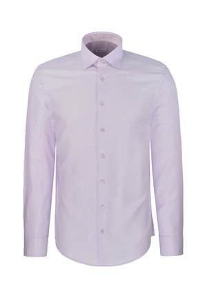Light purple long-sleeve men's dress shirt with a pointed collar and seven front buttons, displayed against a white background.