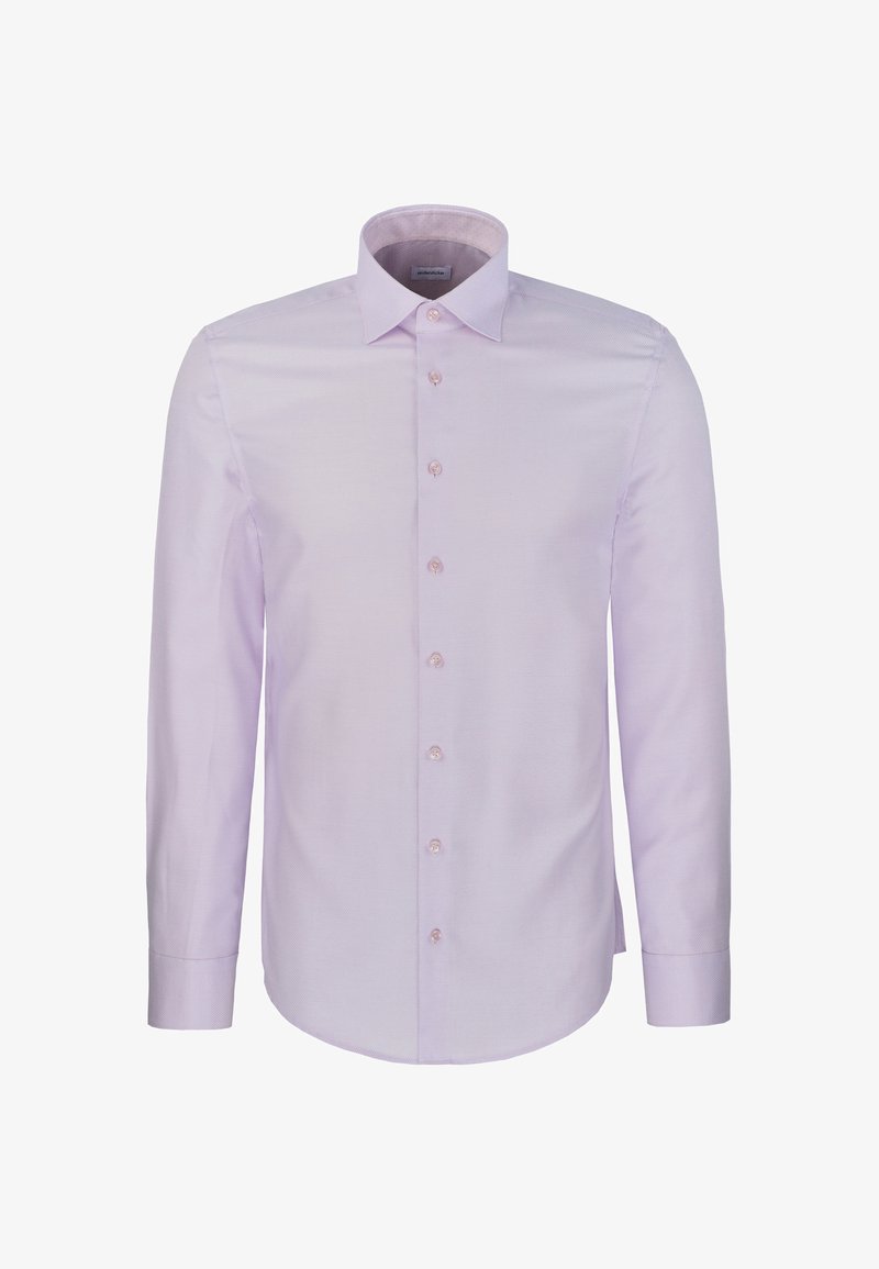 Chemise habillée pour homme à manches longues de couleur violet clair, avec un col pointu et sept boutons sur le devant, présentée sur fond blanc.