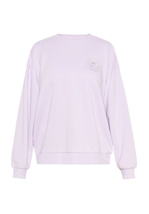 Light purple sweatshirt with long sleeves, relaxed fit, ribbed cuffs, and a floral design embroidered on the chest. Soft cotton material.