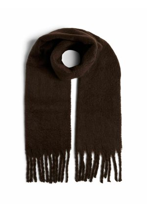 Brun uldhalstørklæde, rektangulær form, blød tekstur, frynsede ender, tæt strikket med et subtilt, tæt udseende. Ingen synlige mønstre eller hardware.