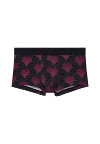 Zwarte boxer shorts van stof met een roze en gouden golfpatroon. Elastische tailleband met reliëflogo en een gladde, rekbare textuur.