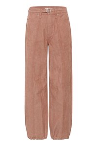 Pink wide-leg trousers featuring a smooth texture, belt loops, button closure, and prominent seam detailing. Cuffs gather at the ankles.