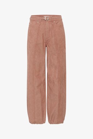 Rosa vidde bukser med en glatt tekstur, beltehemper, knappelukking og fremtredende søm detaljer. Mansjettene samles ved anklene.