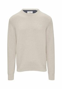 Helle beige Strickjacke mit rundem Halsausschnitt und langen Ärmeln. Verfügt über gerippte Bündchen und Saum sowie ein kleines Logo auf der Brust.