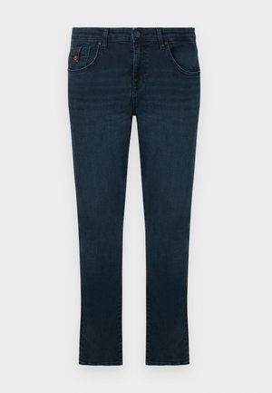 Temno modre ozke kavbojke s sprednjo zaponko z gumbi in zadrgo, petimi žepi ter subtilnimi šivi.