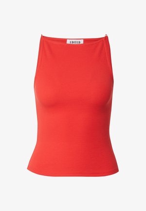 Rotes, geripptes Tanktop mit schmalem Schnitt, geradem Ausschnitt und schmalen Trägern. Mit einem Etikett mit der Aufschrift "EDITED" am Ausschnitt.