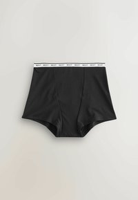 Czarne bawełniane majtki z wysokim stanem i białym elastycznym paskiem w talii z nadrukowanym logo marki. Gładka faktura i dopasowany krój.