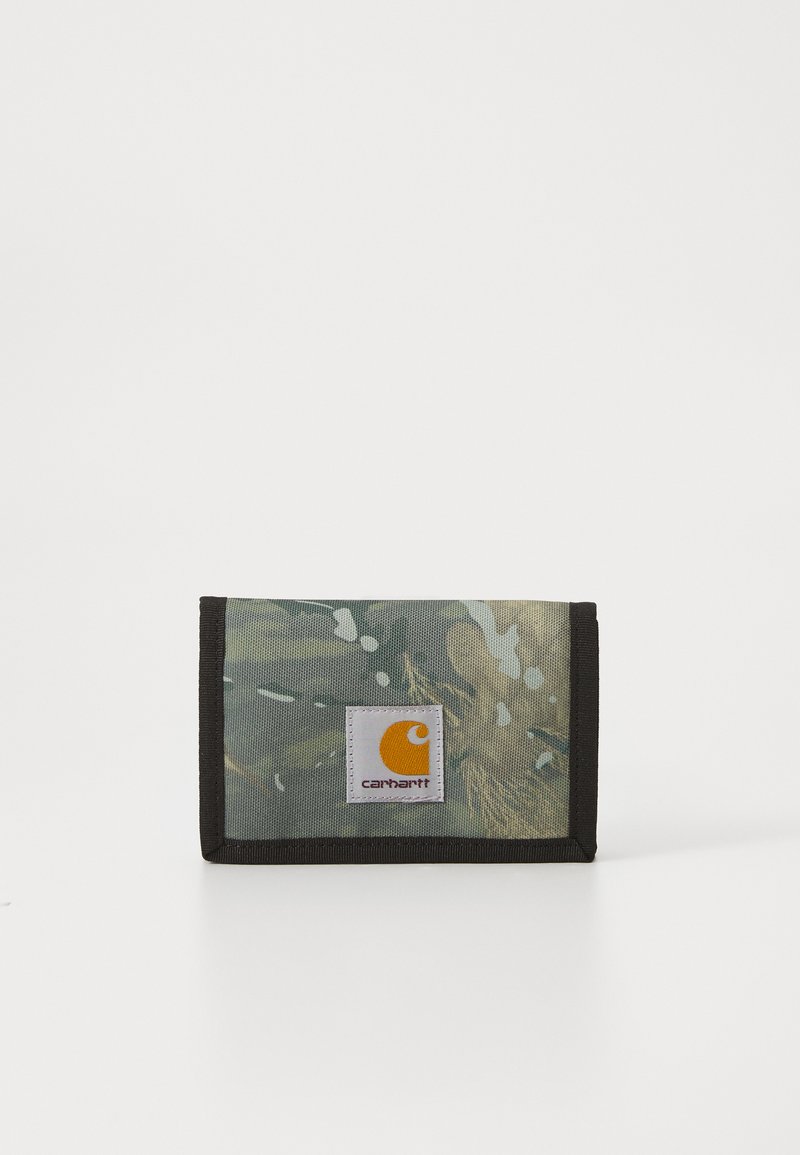 Carhartt wallet featuring a camo print design in green and brown with a black trim. Displays a white label with an orange logo.