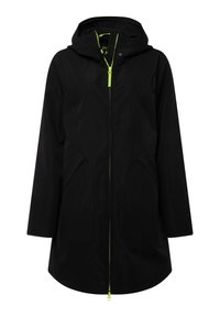 Veste imperméable noire avec capuche, fermeture éclair frontale avec des accents vert fluo, et deux poches latérales avec ouvertures angulaires.