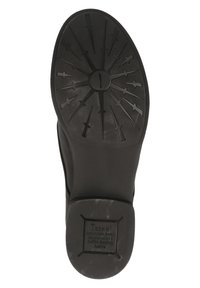 Semelle de chaussure en caoutchouc noir avec un motif d'éclat d'étoile et des détails en flèche, orteil arrondi et section de marque carrée.