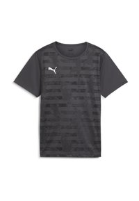 Temno siva atletska majica s subtilnim teksturiranim vzorcem, kratkimi rokavi, okroglo izrezom in belim logotipom Puma na levi prsni strani.