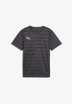 Maglietta sportiva grigio scuro con una sottile texture a motivo, maniche corte, scollatura rotonda e logo Puma bianco sul lato sinistro del petto.