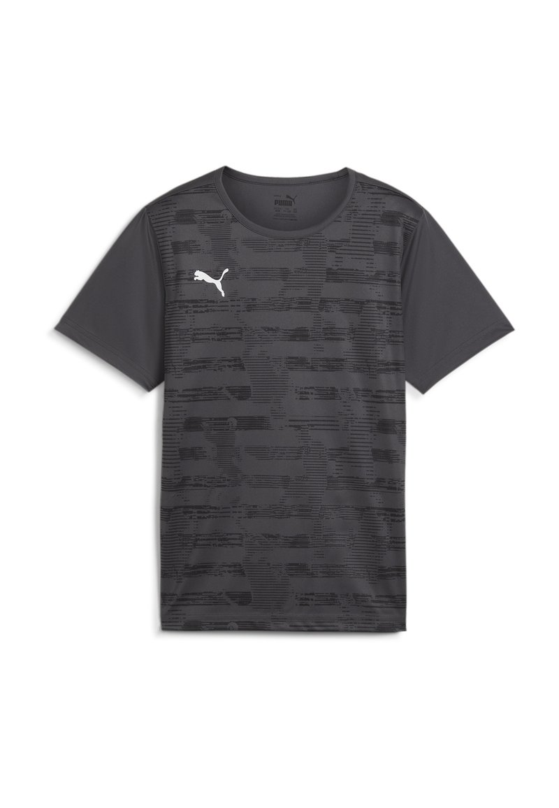 Temno siva atletska majica s subtilnim teksturiranim vzorcem, kratkimi rokavi, okroglo izrezom in belim logotipom Puma na levi prsni strani.