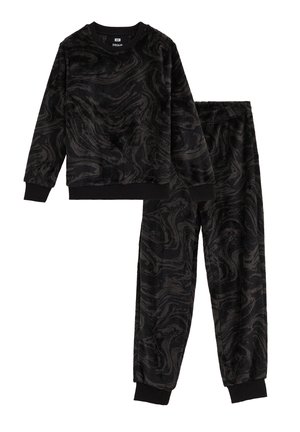 Black and gray marbled long-sleeve sweatshirt and matching jogger pants set with ribbed cuffs and waistband.