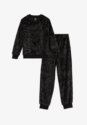Langærmet sweatshirt og matchende joggingbukser i sort og gråt marmorprint med ribstrikkede manchetter og linning.