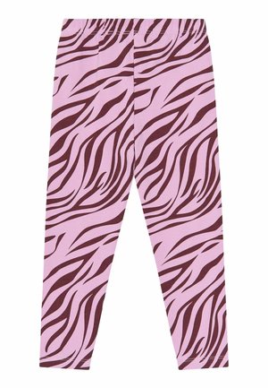 Leggings roses avec un motif de rayures zèbre marron, longueur complète, taille élastique, en tissu stretch.