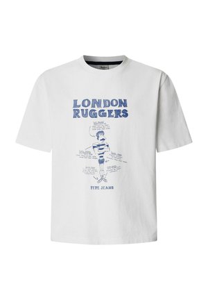 Maglietta bianca con testo blu "London Ruggers" e giocatore di rugby in stile cartone animato che indossa maglia a righe e stivali, etichettata con note umoristiche.