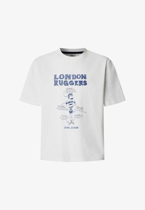 Maglietta bianca con testo blu "London Ruggers" e giocatore di rugby in stile cartone animato che indossa maglia a righe e stivali, etichettata con note umoristiche.