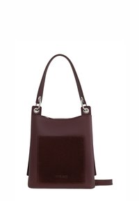 Burgundowa skórzana torebka z miękkim, teksturowanym brązowym zamszowym przednim panelem. Wyposażona w srebrne okucia i krótką ramiączka na ramię.
