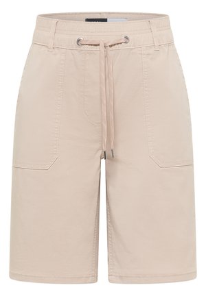 Beige knielange shorts met opgestikte voorzakken, riemlussen en een trekkoordje aan de elastische tailleband.
