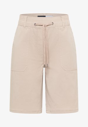 Short beige mi-longueur avec poches plaquées devant, passants pour ceinture et cordon de serrage à la taille élastique.
