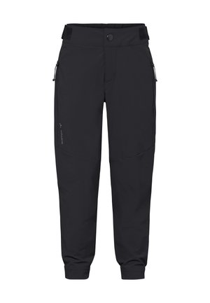 Zwarte outdoorbroek met ritssluitingen aan de zijzakken, knoopsluiting, verstelbare taillebanden en elastische enkelboorden.