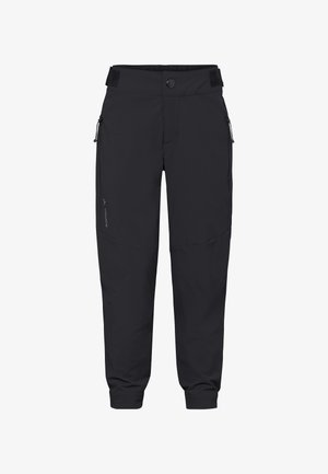 Pantalon extérieur noir avec poches latérales zippées, fermeture à bouton, pattes de réglage à la taille et bas de jambe élastiques.