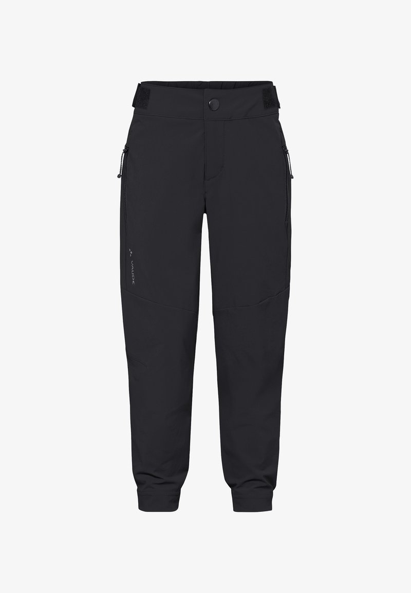 Pantalon extérieur noir avec poches latérales zippées, fermeture à bouton, pattes de réglage à la taille et bas de jambe élastiques.