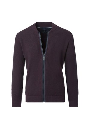 Strick-Cardigan in Burgund mit Reißverschluss, gerippten Bündchen und Saum. Verfügt über einen runden Halsausschnitt und ein strukturiertes Stoffdesign.