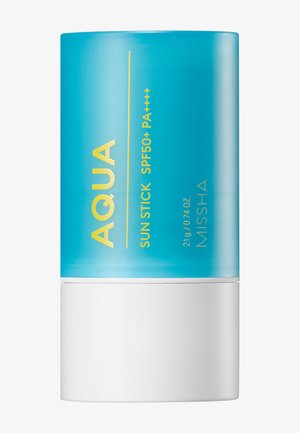 Aqua Sun Stick zonnebrandcrème met SPF 50+ en PA++++ bescherming in een blauw-wit cilindervormig flesje van Missha.